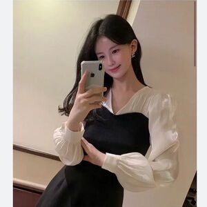 Chic Black Bustier Layer top White Puff Sleeve Blouse Korean brand Benito